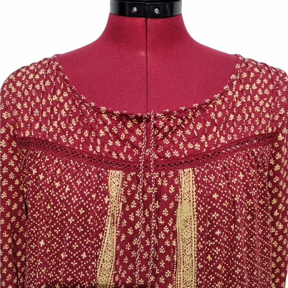 Lucky Brand Ditsy Flower Print Peasant Red Tassel Medium Blouse Top - Picture 8 of 15